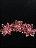 FLORAL GOLD AND PINK RHINESTONE BROOCH;  COSTUME