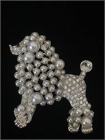 SILVER AND PEARL DECORATED POODLE BROOCH;  COSTU