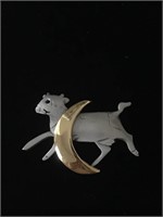 SMALL GOLDEN MOON AND SILVER COW BROOCH PIN;