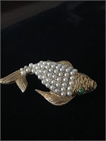 SMALL PEARL AND GOLD KOI FISH BROOCH;  ALSO HAS 2