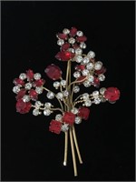 FLOWERS ON GOLD STEM BROOCH;  RED/CLEAR