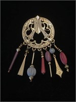 GOLD BROOCH WITH BEADED CHARMS;  COSTUME JEWELRY,