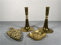 VMC Brass Candlesticks, Fox Ashtray, Trivet