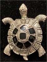 SILVER TURTLE PIN WITH BLACK STONES AND CRYSTAL