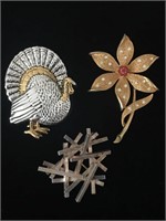 3 PC LOT OF BROOCH PINS;  COSTUME JEWELRY, SILVER