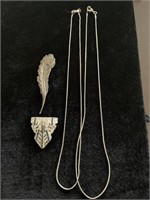 4 PIECE SILVER LOT, 2 NECKLACES, FEATHER PIN,