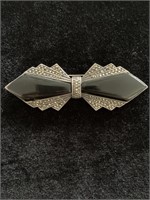 SILVER, POLISHED BLACK CENTER, MARCASITE BOW