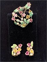 AUSTRIA FLORAL WREATH PIN / BROOCH AND EARRINGS;
