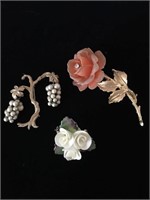 3 PC LOT OF FLORAL BROOCHES;   COSTUME JEWELRY,