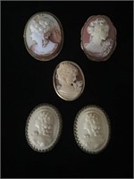 5 PC OF CAMEO PINS; COSTUME JEWELRY, 2 MATCHING,