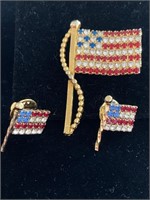 SET OF 3 RHINESTONE USA FLAG PINS/BROOCHES;