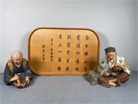Asian Elderly Figures & Wooden Tray
