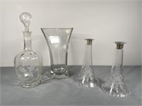 Hoosier Glass Vase, Decanter, Candlesticks