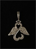 STERLING OPEN HEART ANGEL AND DIAMOND PENDANT;