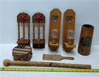 assorted wooden items, candle holders, decor, etc