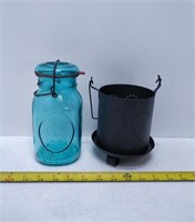 flower pot and blue jar