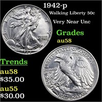 1942-p Walking Liberty 50c Grades Choice AU/BU Sli