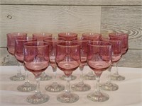 (12) Pink Scroll Wine Glasses with Clear Stems