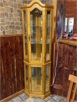 Tall Lighted Oak Corner Curio Cabinet