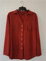 Red Fringed Western Style Shirt Jacket with