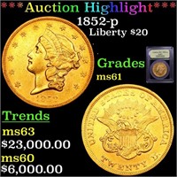 *Highlight* 1852-p Liberty $20 Graded BU+