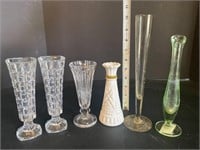 6 Glass Bud Vases Green Depression Milk Glass