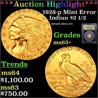 *Highlight* 1928-p Mint Error Indian $2 1/2 Graded