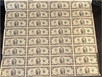 Uncut Sheet of Uncirculated Two Dollar Bills 1995