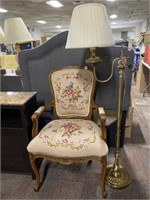 Brass Floor Lamp & Needlepoint Chair