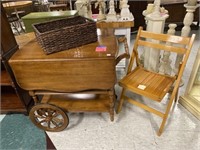 Drop-leaf Tea Cart & Wood Folding Chair, Basket
