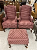 Pair Wing Back Chairs w/ Ottoman