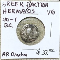 40-1BC Greek Bactria Hermaios AR Drachm NICE CIRC