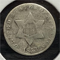 1853 Three Cent Piece, Silver (EF45)