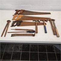 3 Hammers, 3 saws, pry bar, screwdriver, file &