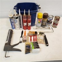 Paint supplies, caulk & blue bucket