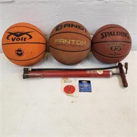 3 Basketballs, pump & needles; 2 official, 1 youth