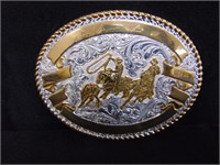 COWBOY BELT BUCKLE - HEAVY SILVER PLATE AND BRONZE