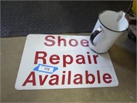 Shoe repair sign & enamel container (AS IS)