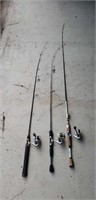 3 Pflueger reels, 3 rods Abu Garcia, Crossfire