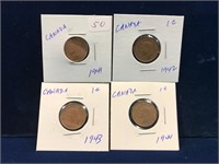 1941, 42, 43, 44 Canadian one cent pieces