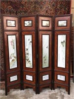 Chinese 4-Panel Screen w/Painted Porcelain Inserts