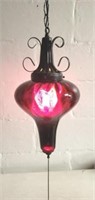 '70's Hanging Lamp; Ruby red glass & dark metal...