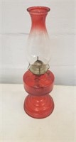 Red glass oil lamp, 18" tall with chimney, READ...