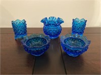5 Pieces of Blue Hobnail Art Glass