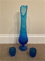 3 Pieces of Blue Hobnail Art Glass