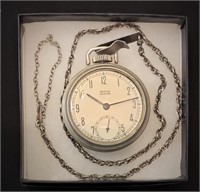 Silver tone Stop Watch & chain, made in U.S.A.