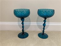 2 Matching Art Glass Twisted Pedestal Compotes
