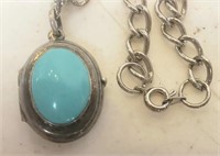 Silver "925" locket w/ turquoise stone, 30" chain