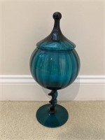 Blue Art Glass Twisted Pedestal Covered Compote
