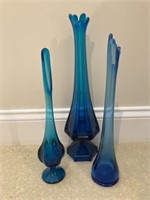 3 Blue Art Glass Vases